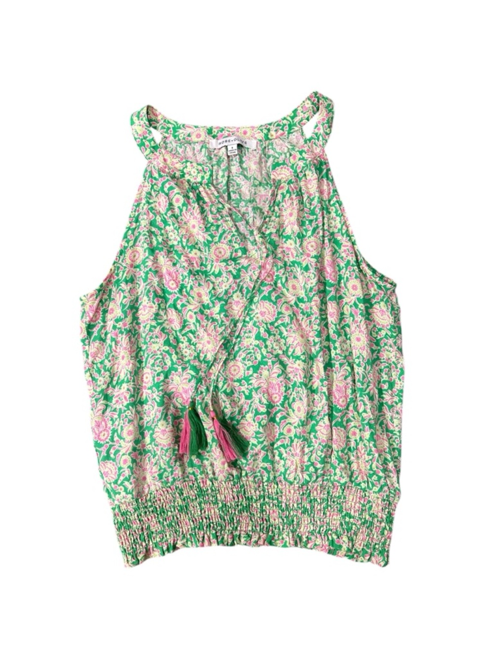 Rose + Olive Sleeveless Green Floral Paisley Tie Accent Blouse size S